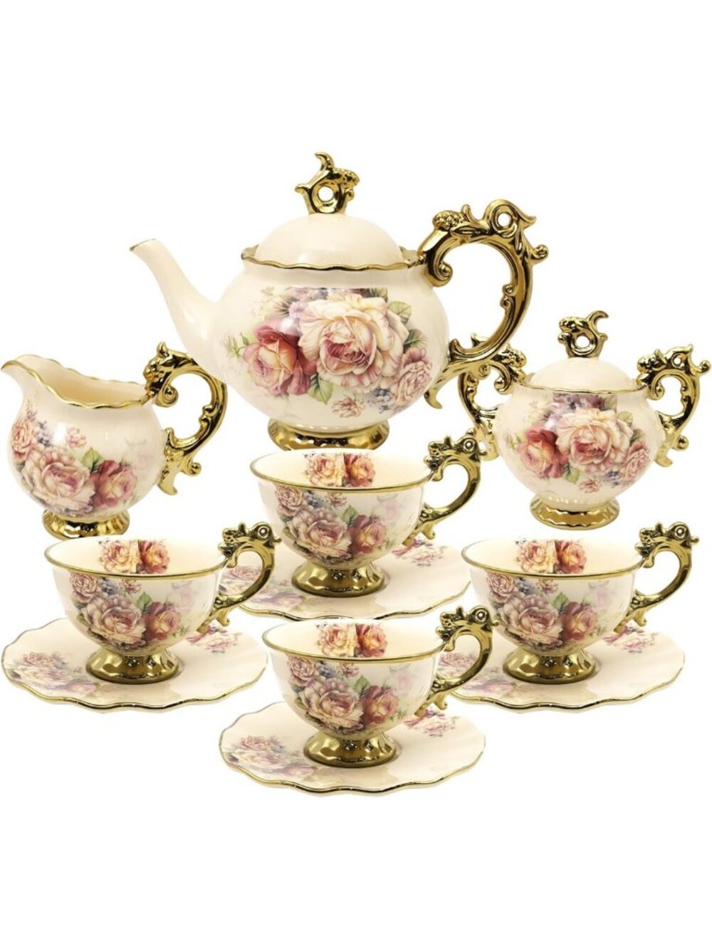 Vintage Floral Porcelain Tea Set - 15 Pieces, Elegant Coffee Service, Wedding